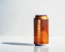a can of soda on a white surface photo