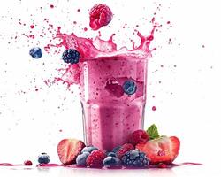 a smoothie with berries and berries splashing into it photo