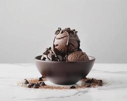 a bowl of chocolate ice cream with chocolate chips photo