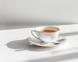 a cup of tea sits on a white table photo