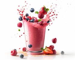 a smoothie with berries and raspberries falling into it photo