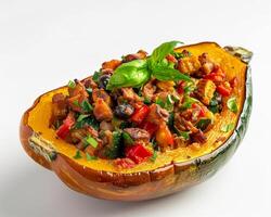 A stuffed squash with vegetables on top photo