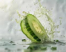 A slice of cucumber is being splashed with water photo