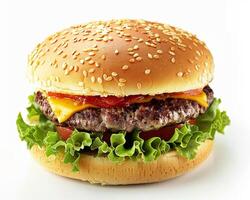 a hamburger with cheese and lettuce on a white background photo