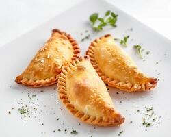 three empanadas are on a white plate photo