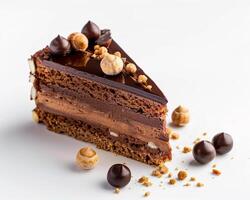a piece of chocolate cake with nuts on top photo