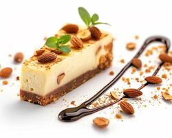 a piece of cheesecake with almonds and chocolate sauce photo