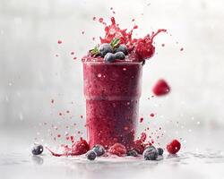 a smoothie with berries and raspberries is splashing on the table photo