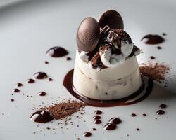 a dessert with chocolate and whipped cream photo