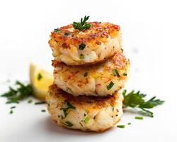 three crab cakes stacked on top of each other photo