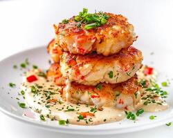 a plate of crab cakes with sauce and garnish photo