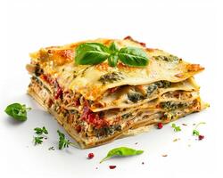 a piece of lasagna with spinach and cheese photo