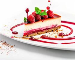 a piece of cheesecake with raspberry sauce on a white plate photo