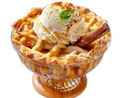 an apple pie with ice cream and cinnamon sticks photo