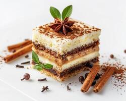 Piece of Cake with Cinnamon, Cinnamon Sticks, and Spices photo