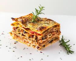 A stack of lasagna with rosemary sprigs photo