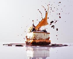 A piece of cake with a splash of chocolate and a splash of water photo