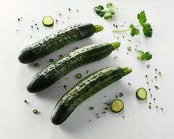 Three cucumbers are arranged on a white surface photo