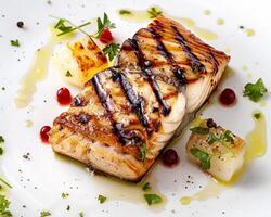 Grilled salmon with cranberry sauce on white plate photo