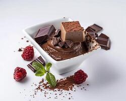chocolate pudding with raspberries and chocolate on white background photo