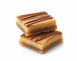 Two Pieces of Caramel Bars with Chocolate Drizzle photo