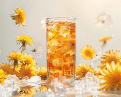 a glass of ice tea with dandelions in the background photo