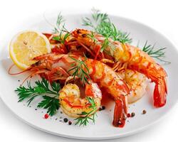 a plate with shrimp and lemon on it photo