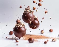 chocolate balls with nuts falling from the air photo