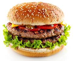 a hamburger with lettuce and tomato on a white background photo
