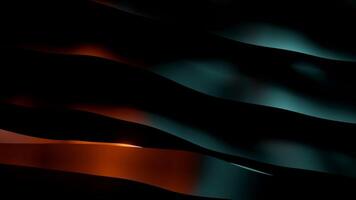 Moving stripes with reflection on black background. Design. Moving surface with wavy colored stripes in middle of animation. Stream of wavy metal strips with reflection disappearing into dark video