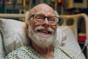 Headshot of a Happy old man in the hospital bed. Copy space photo