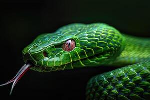 Close-up of a vibrant green snake with a detailed view of its scales, eye, and forked red tongue photo