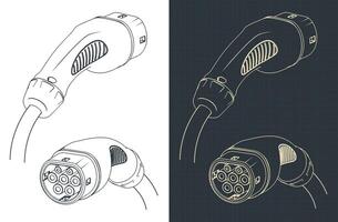 EV charger type 2 plug blueprints vector