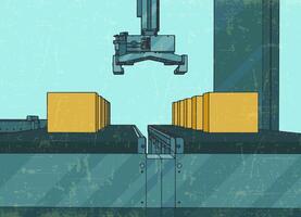 Automated conveyor line with robotic manipulator retro poster vector