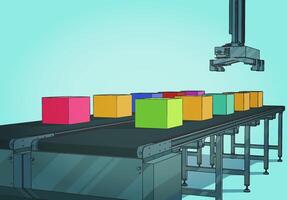 Automated conveyor line with robotic manipulator illustration vector
