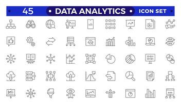 Data analytics icon set. Big data analysis technology symbol. Containing database, statistics, analytics, server, monitoring, computing and network icons. Outline icons collection. vector