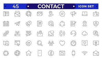 Contact outline Icons.Contact symbols - Phone, mail, fax, info, e-mail, support.Containing e-mail, phone, address, customer service, call, website and more. vector