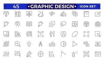Set of outline icons of graphic design. Simple linear icons in a modern style flat, Creative Process. Graphic design, creative package, stationary, software.Minimal Graphic Design related icon set. vector