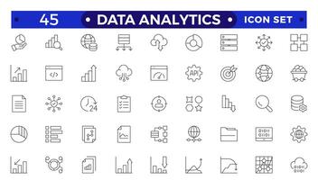 Data analytics icon set. Big data analysis technology symbol. Containing database, statistics, analytics, server, monitoring, computing and network icons. Outline icons collection. vector