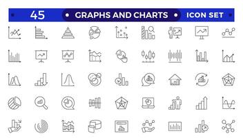 Growing bar graph icon set. Business graphs and charts icons. Statistics and analytics Outline icon. Statistic and data, charts diagrams, money, down or up arrow. vector