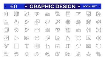 Set of outline icons of graphic design. Simple linear icons in a modern style flat, Creative Process. Graphic design, creative package, stationary, software.Minimal Graphic Design related icon set. vector