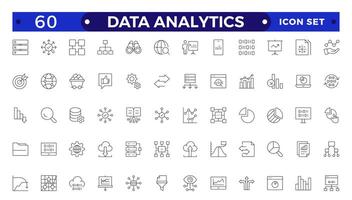 Data analytics icon set. Big data analysis technology symbol. Containing database, statistics, analytics, server, monitoring, computing and network icons. Outline icons collection. vector