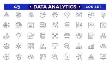 Data analytics icon set. Big data analysis technology symbol. Containing database, statistics, analytics, server, monitoring, computing and network icons. Outline icons collection. vector