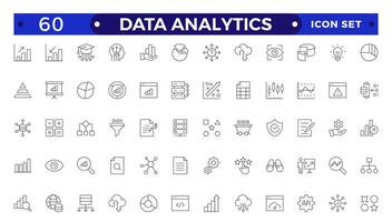 Data analytics icon set. Big data analysis technology symbol. Containing database, statistics, analytics, server, monitoring, computing and network icons. Outline icons collection. vector