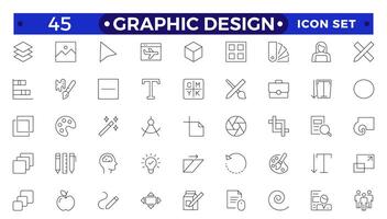 Set of outline icons of graphic design. Simple linear icons in a modern style flat, Creative Process. Graphic design, creative package, stationary, software.Minimal Graphic Design related icon set. vector