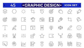 Set of outline icons of graphic design. Simple linear icons in a modern style flat, Creative Process. Graphic design, creative package, stationary, software.Minimal Graphic Design related icon set. vector