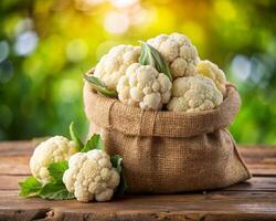 cauliflower in a sack on a wooden table photo