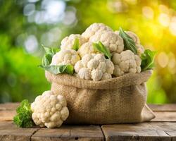 fresh cauliflower in sack on wooden table with green leaves photo
