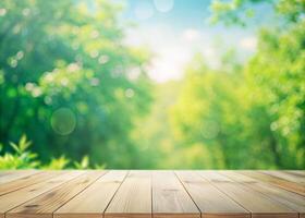 empty wooden table with green trees and blurred background photo