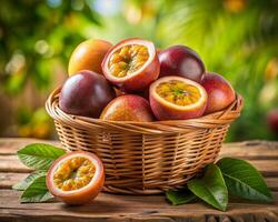 passion fruit in a basket on wooden table photo
